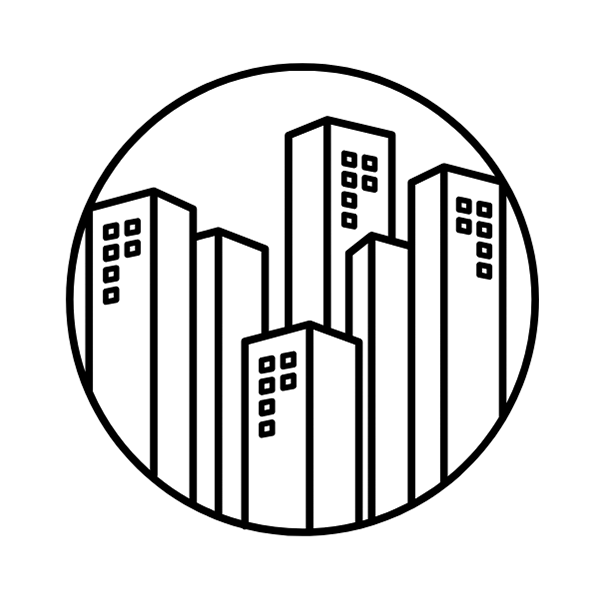 Icon of a city skyline within a circle, symbolizing themes related to urban life and cityscapes.