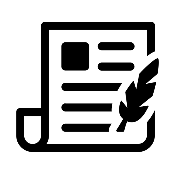 Icons representing editorial services: 'Journalism' with a document and a quill.