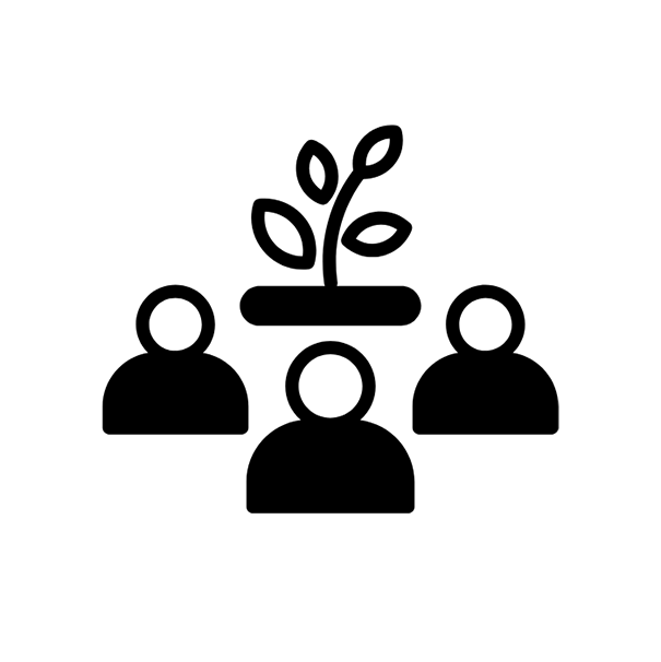 Icon of people gathered around a growing plant, symbolizing topics related to society and community growth.